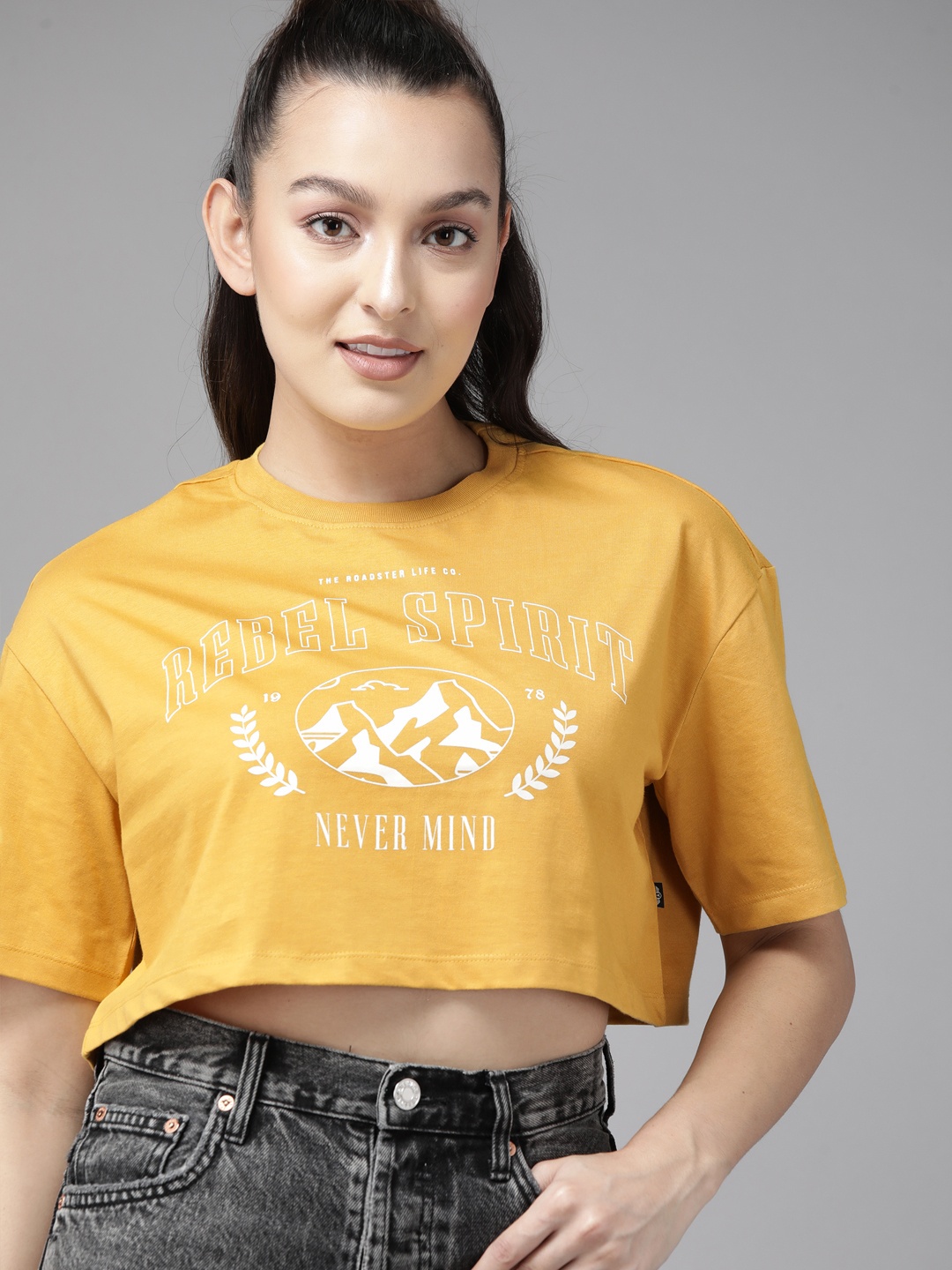 

The Roadster Lifestyle Co. Print Drop-Shoulder Cotton Boxy Super Crop T-shirt, Mustard