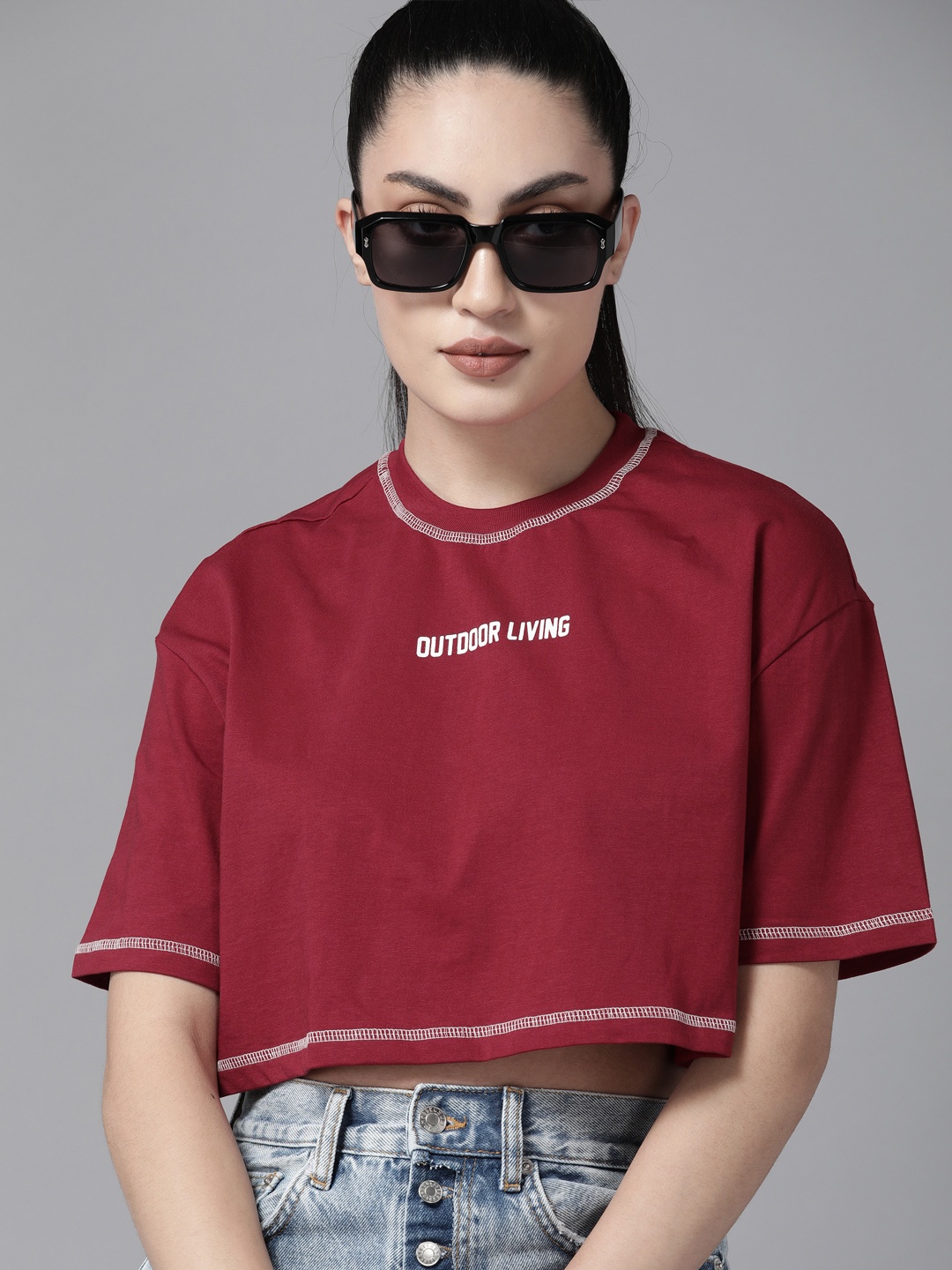 

The Roadster Lifestyle Co. Pure Cotton Drop-Shoulder Sleeves Boxy Fit Cropped T-shirt, Maroon