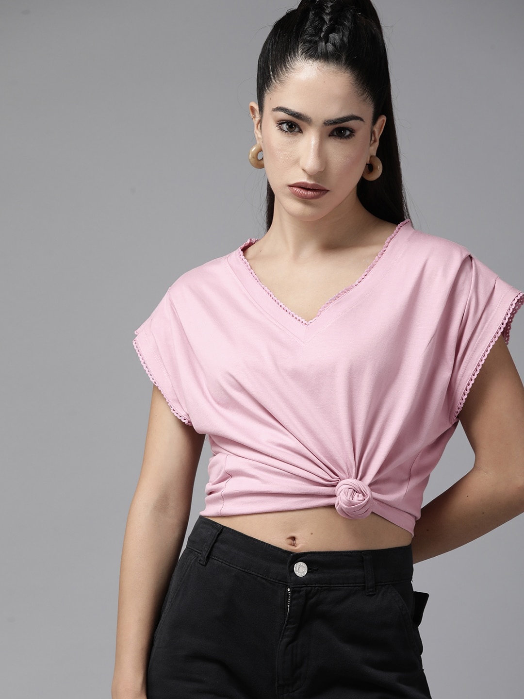 

The Roadster Lifestyle Co. Solid Relaxed Fit V-Neck Pure Cotton Extended Sleeves T-shirt, Pink