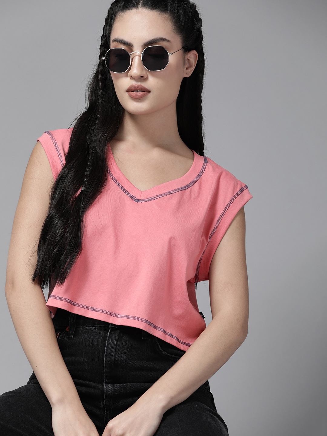 

The Roadster Lifestyle Co. Pure Cotton V-Neck Extended Sleeves Boxy Fit Cropped T-shirt, Coral