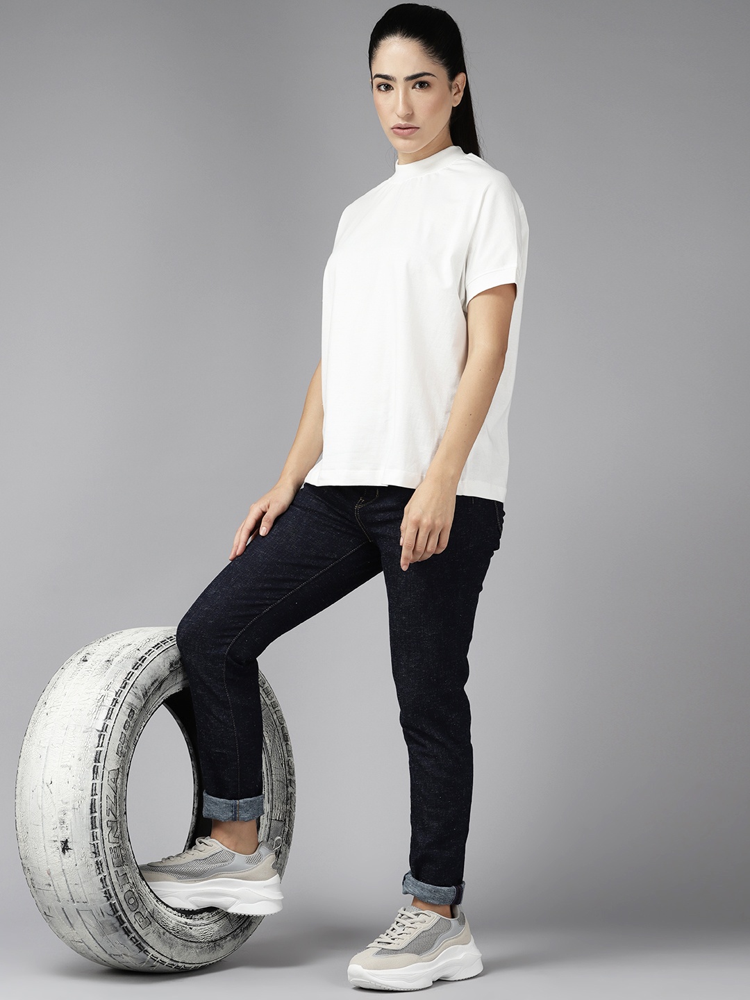 

The Roadster Lifestyle Co. High Neck Pure Cotton Oversized T-shirt, White