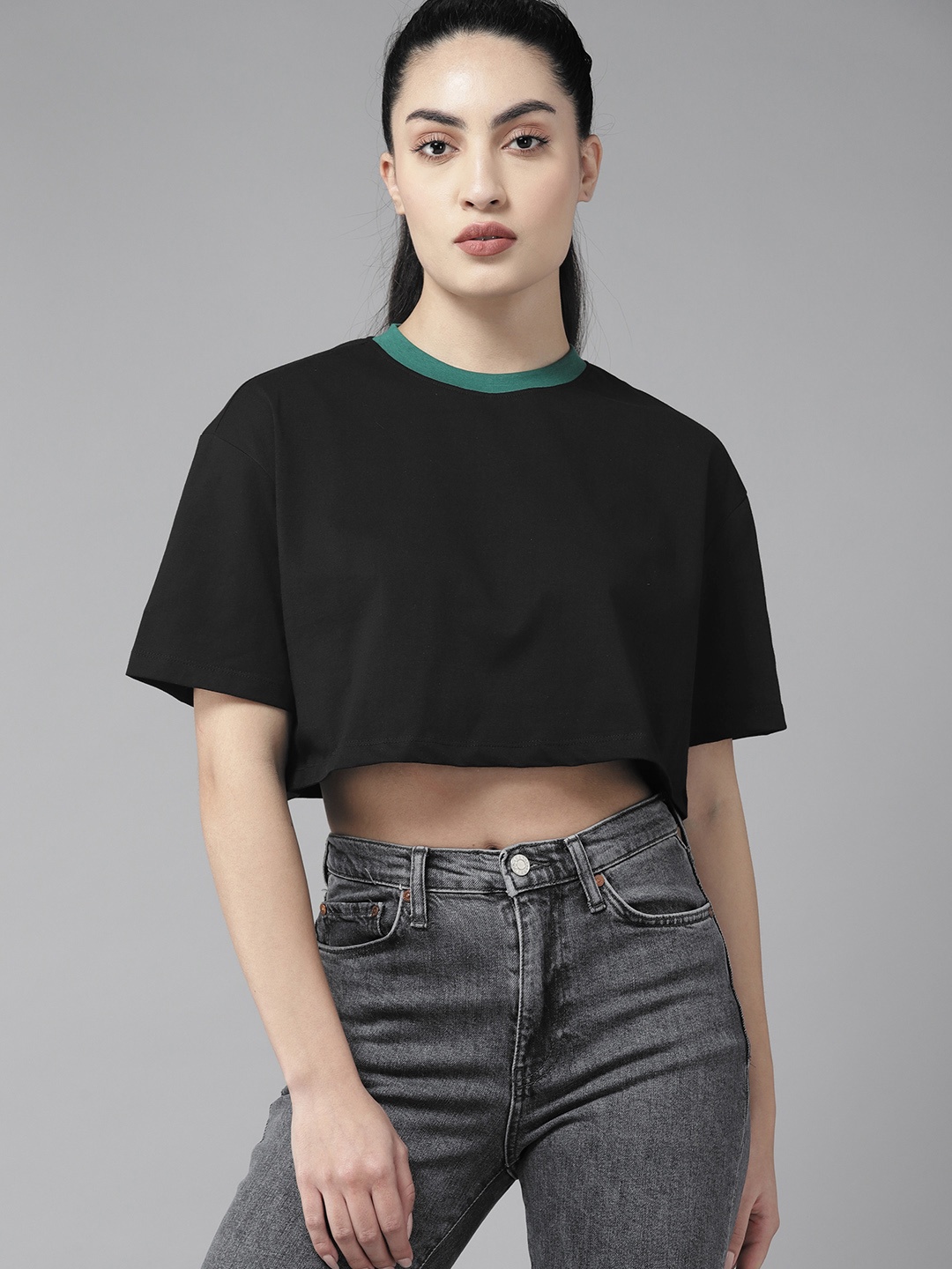 

The Roadster Lifestyle Co. Drop-Shoulder Sleeves Pure Cotton Boxy Super Crop T-shirt, Black