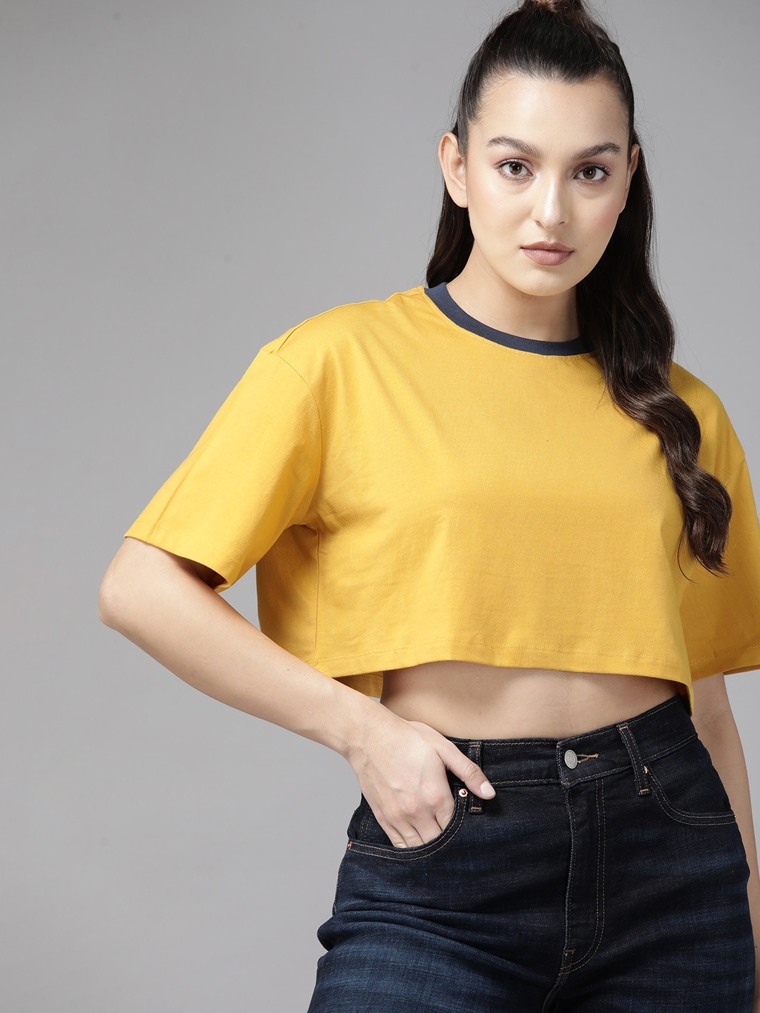 

The Roadster Lifestyle Co. Women Pure Cotton Drop-Shoulder Sleeves Boxy T-shirt, Mustard