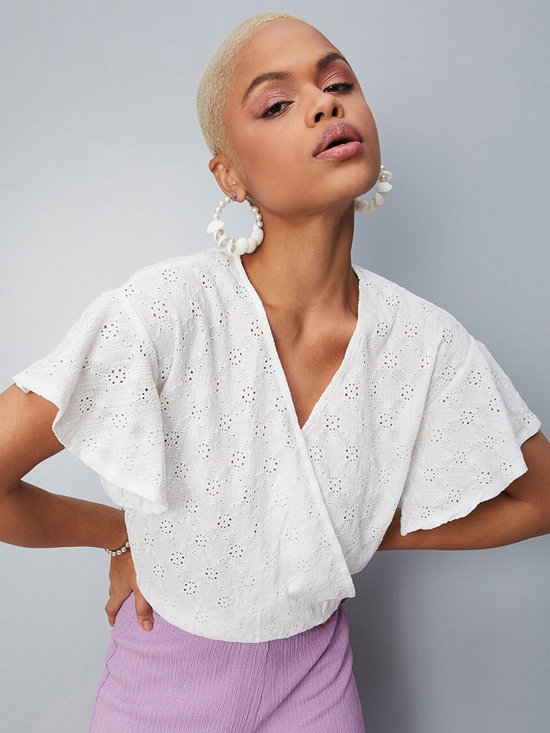 

max Self Design Wrap Top, White