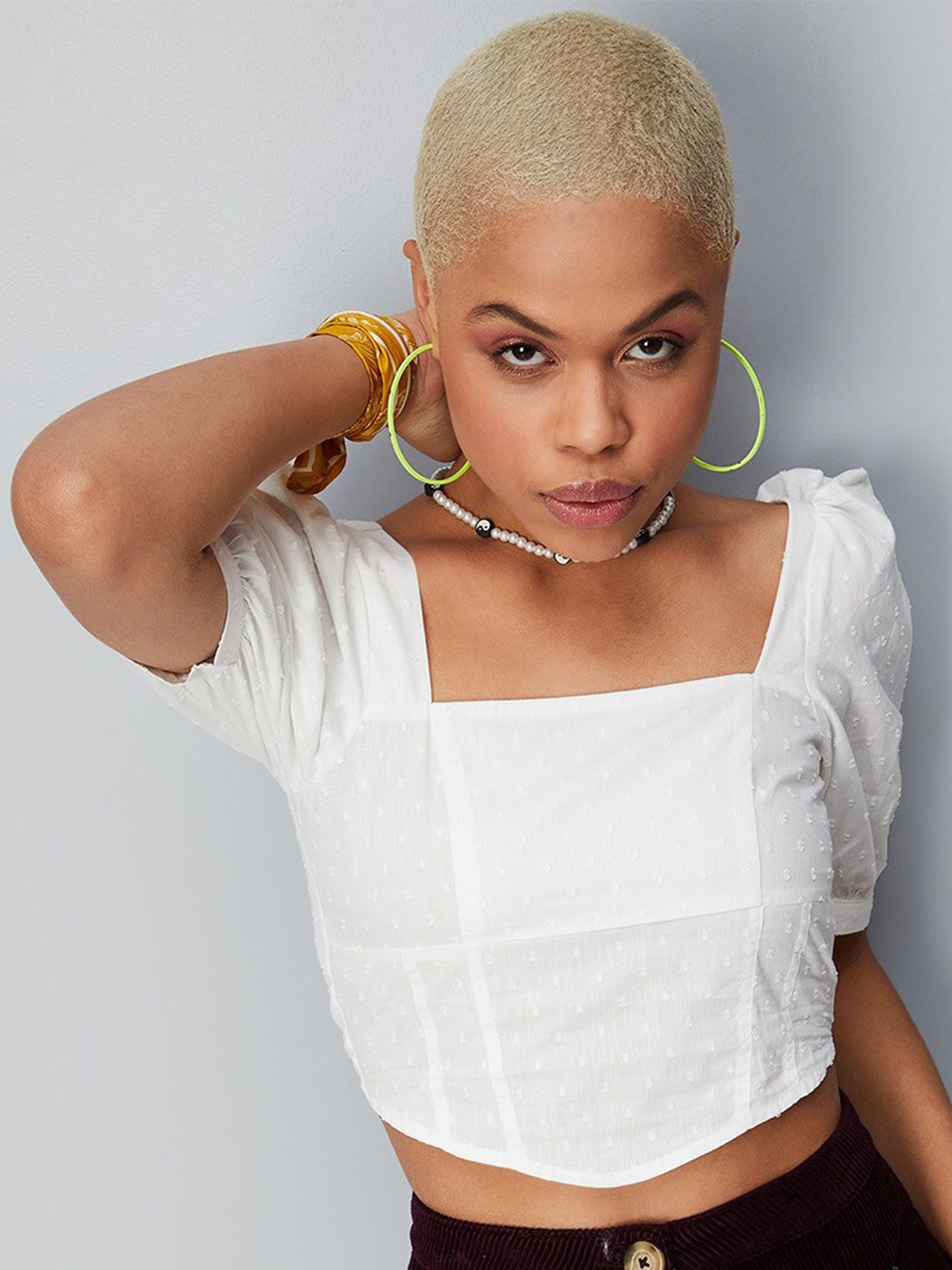 max Puff Sleeves Square Neck Pure Cotton Regular Crop Top, White