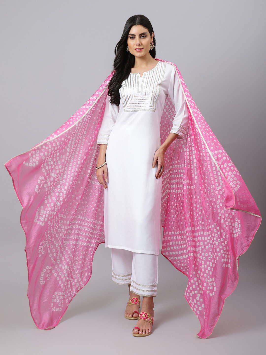 

Khushal K Women Yoke Design Gotta Patti Kurta with Palazzos & Dupatta, White