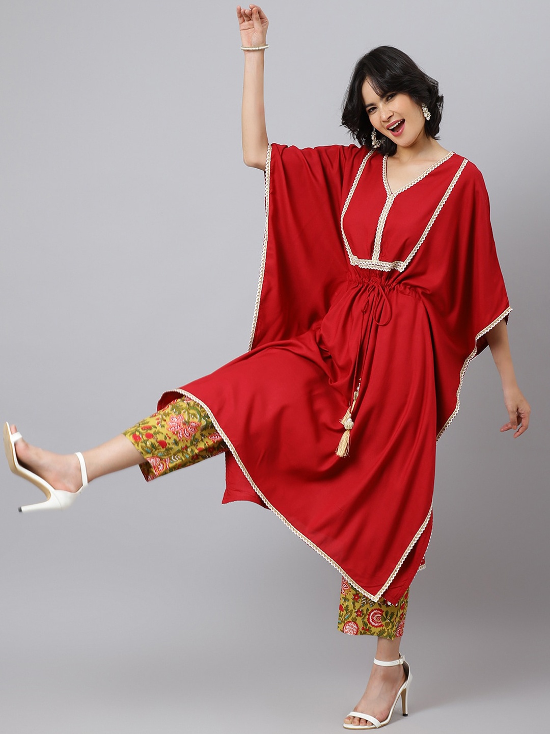 

Khushal K Women Gotta Patti Kaftan Kurta with Trousers, Maroon