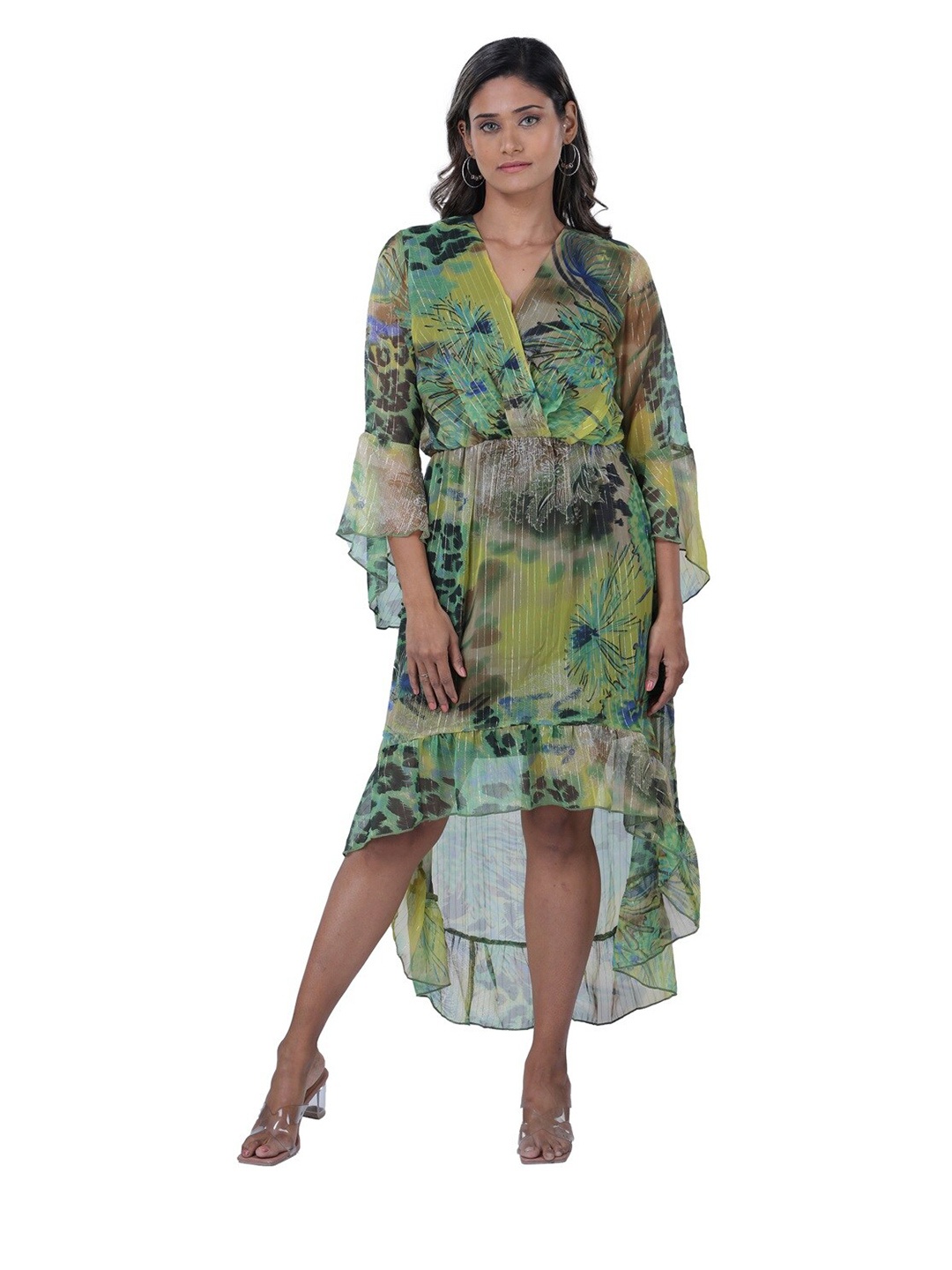 

TSM Animal Printed Georgette Wrap Midi Dress, Green