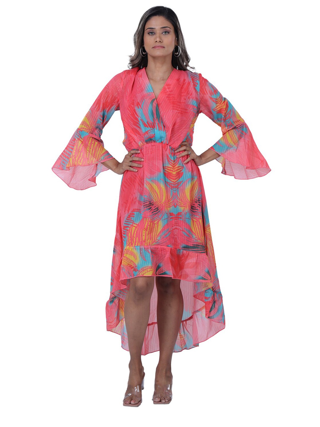 

TSM Floral Printed Georgette Wrap Midi Dress, Pink