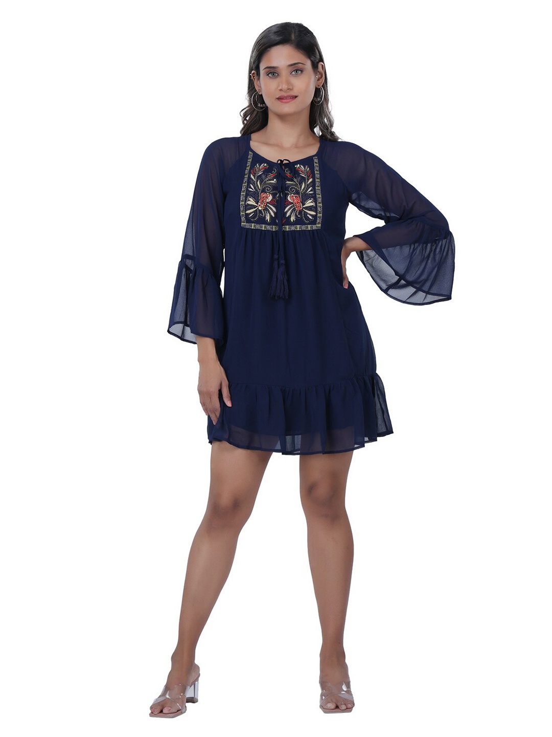 

TSM Embroidered Bell Sleeves Georgette Dress, Blue