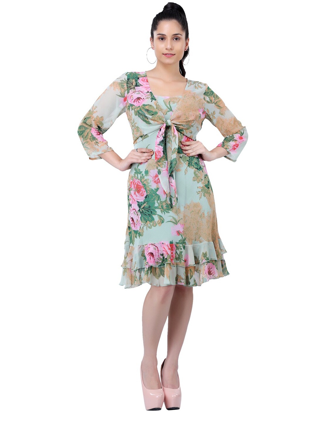 

TSM Floral Printed Georgette Dress, Green