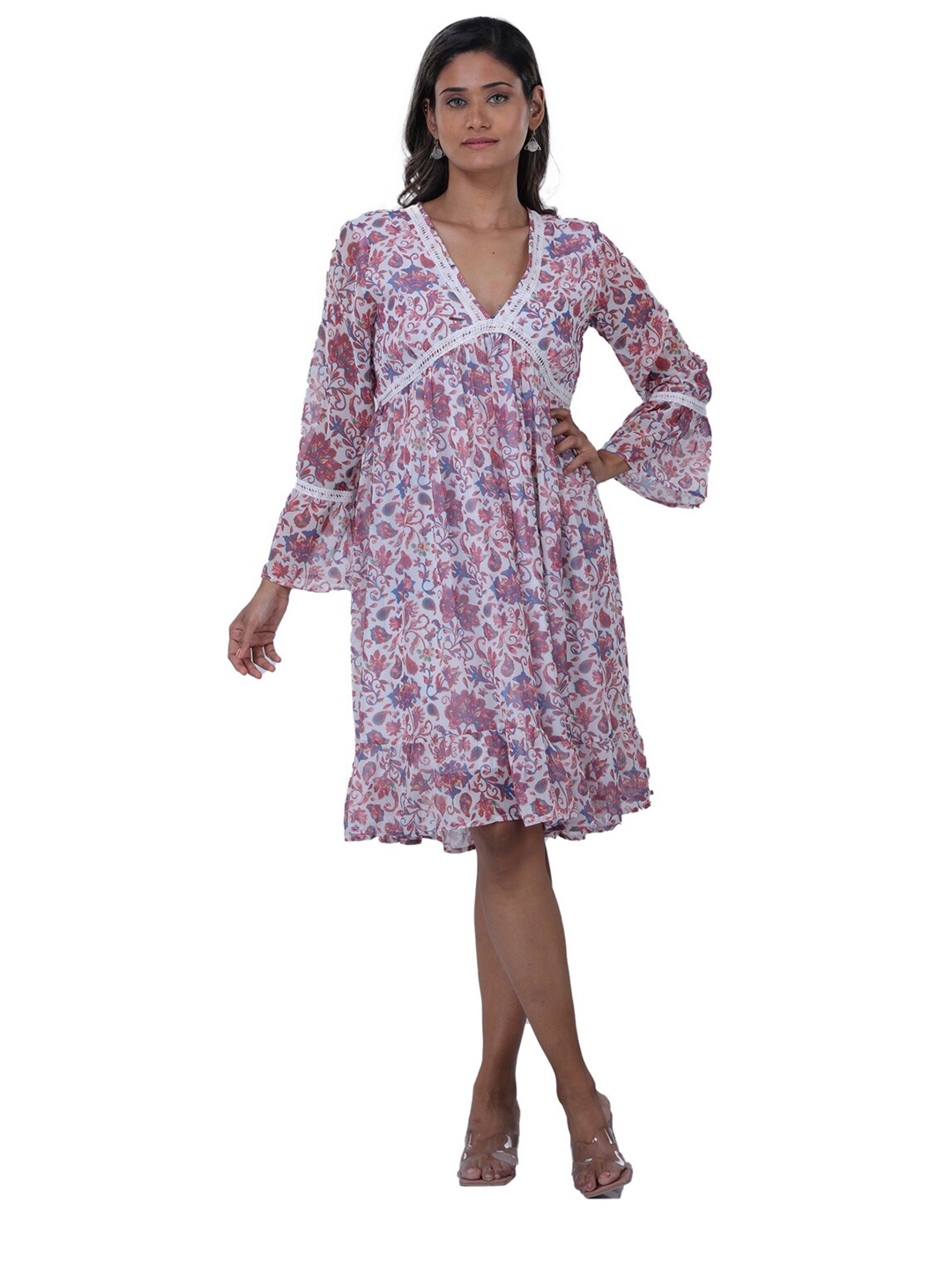

TSM Floral Bell Sleeves Georgette Dress, Pink