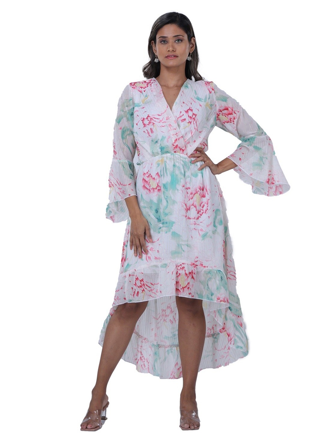 

TSM Floral Bell Sleeves Georgette Midi Dress, White