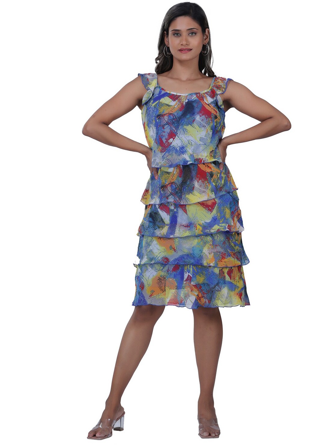 

TSM Women Floral Printed Georgette A-Line Dress, Blue