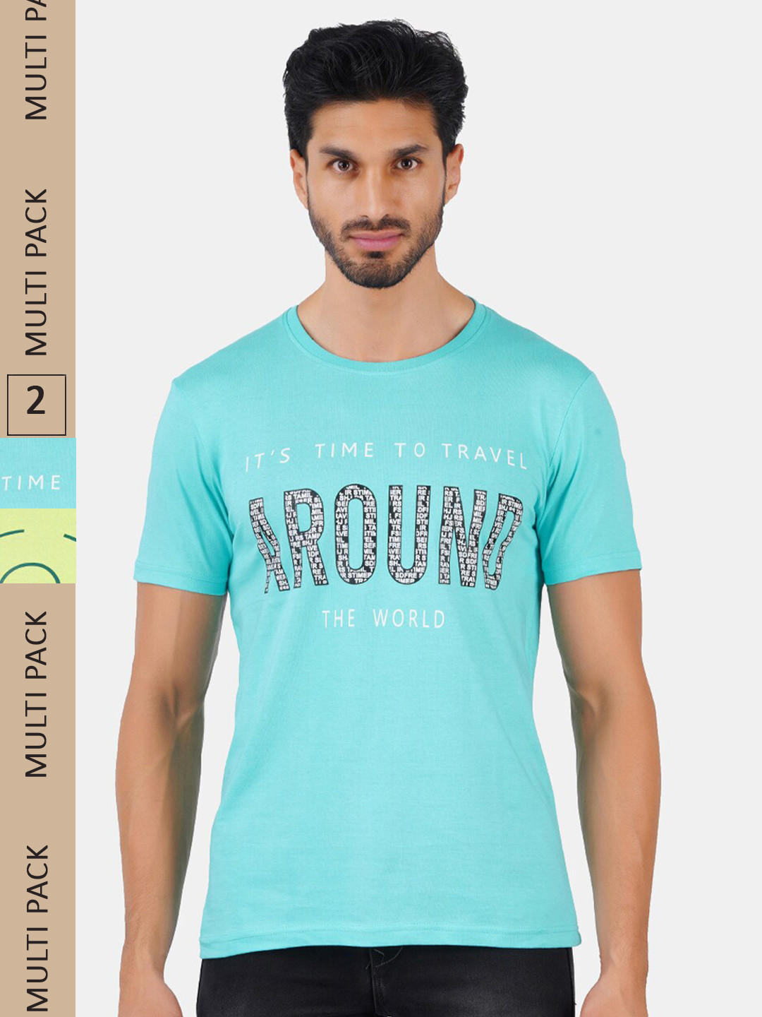 

Vibrant Vesture Men Pack Of 2 Typography Printed Pure Cotton T-shirt, Green