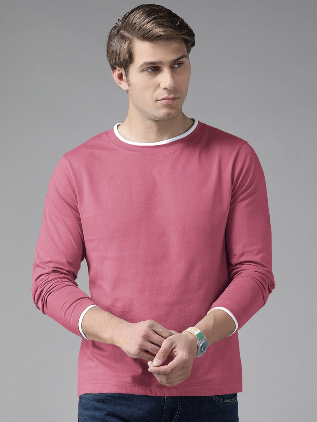 

The Dry State Men Full Sleeves Cotton T-shirt, Pink