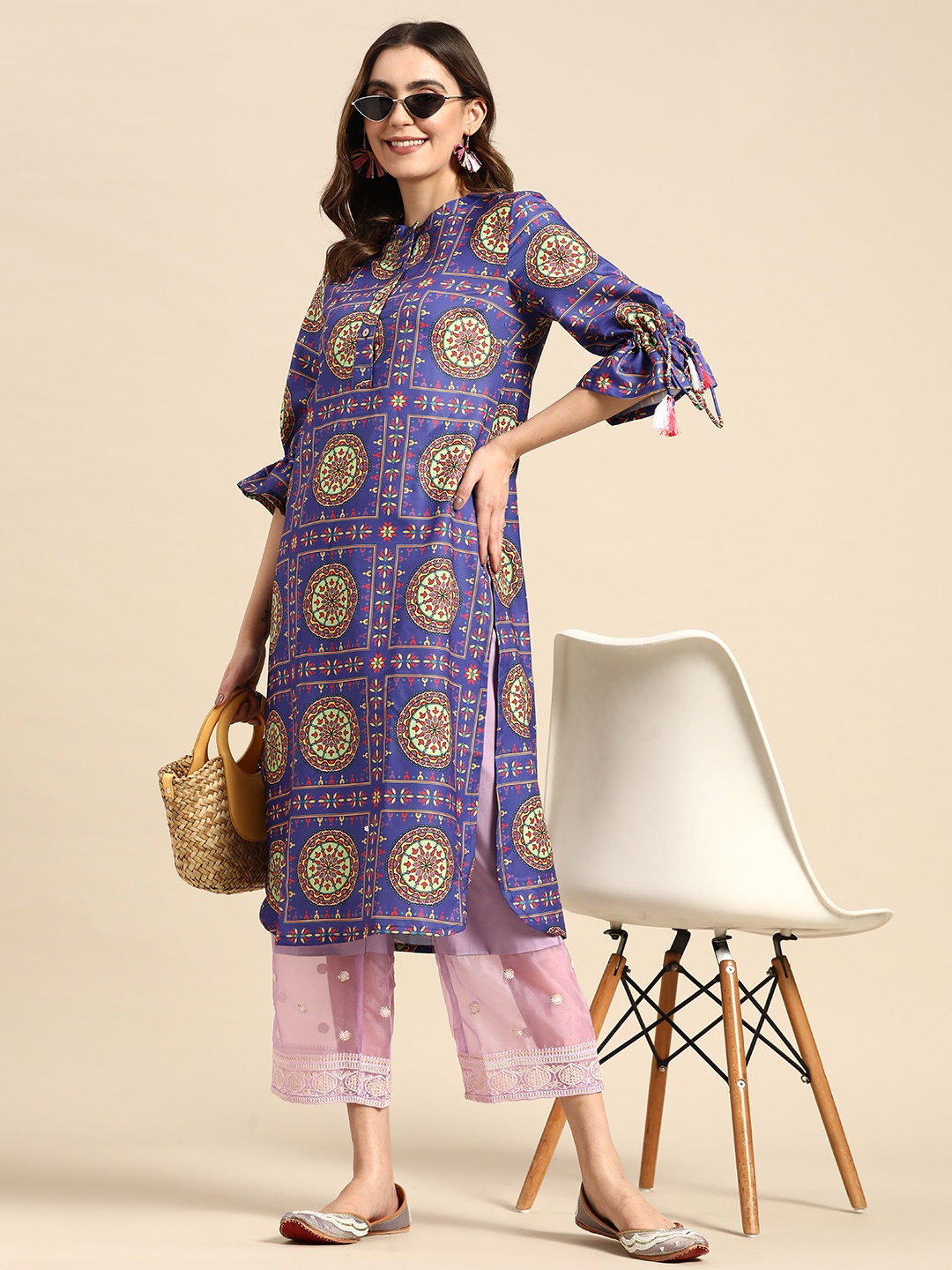 

Sangria Pure Cotton Organza Floral Embroidered Trousers, Purple