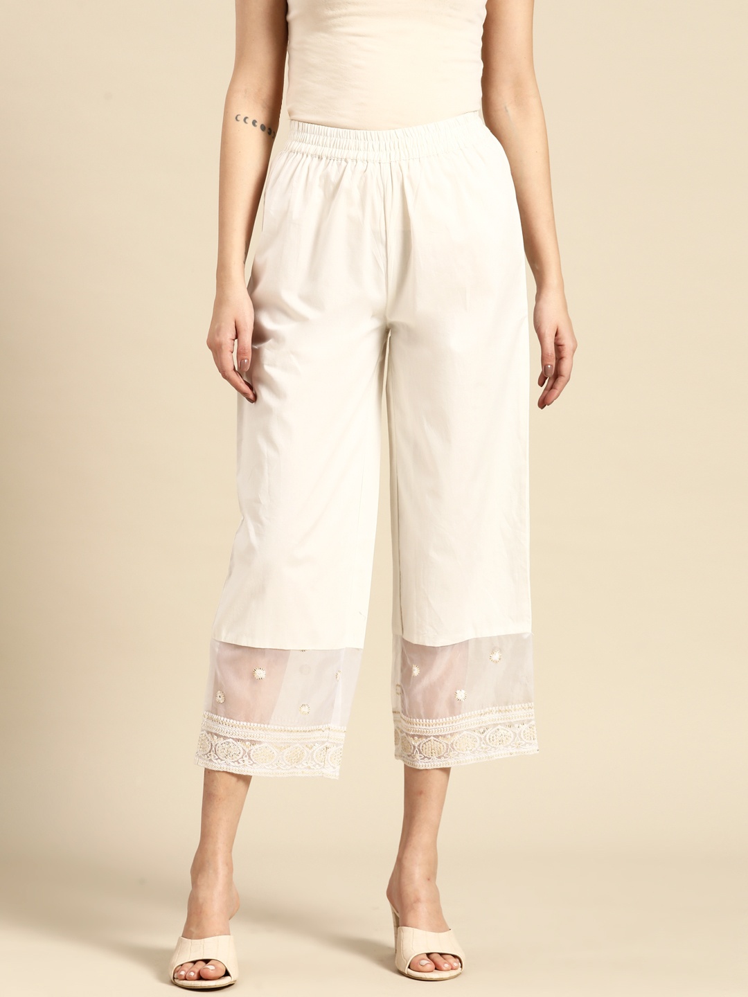 

Sangria Pure Cotton Organza Floral Embroidered Trousers, White