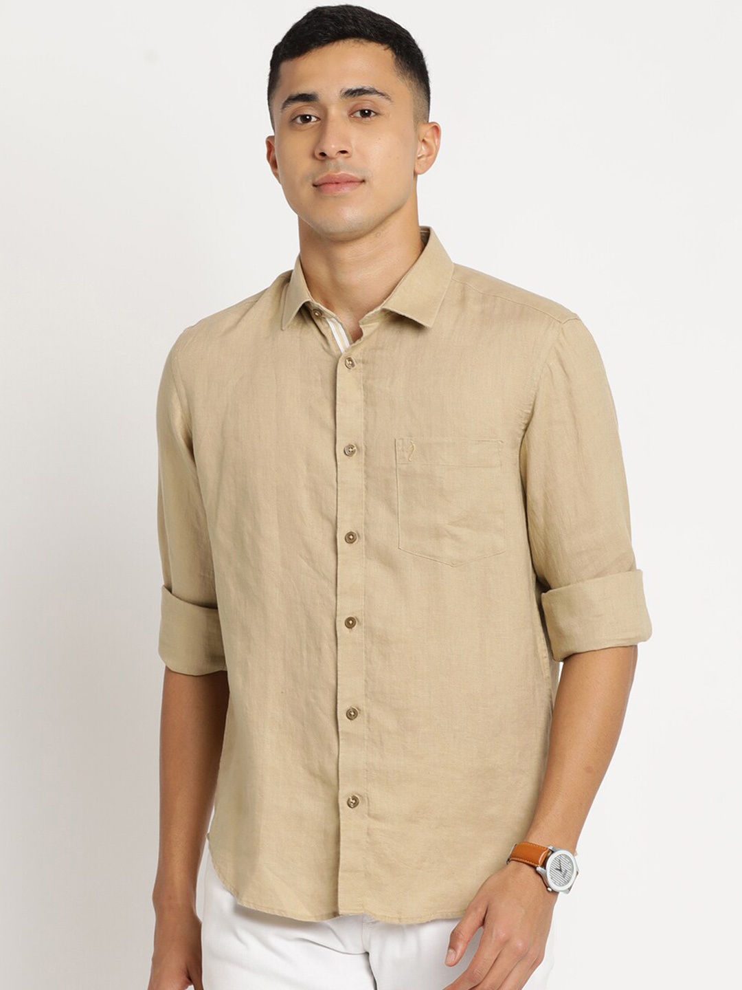 

Indian Terrain Men Plus Size Pure Cotton Chiseled Slim Fit Casual Shirt, Beige