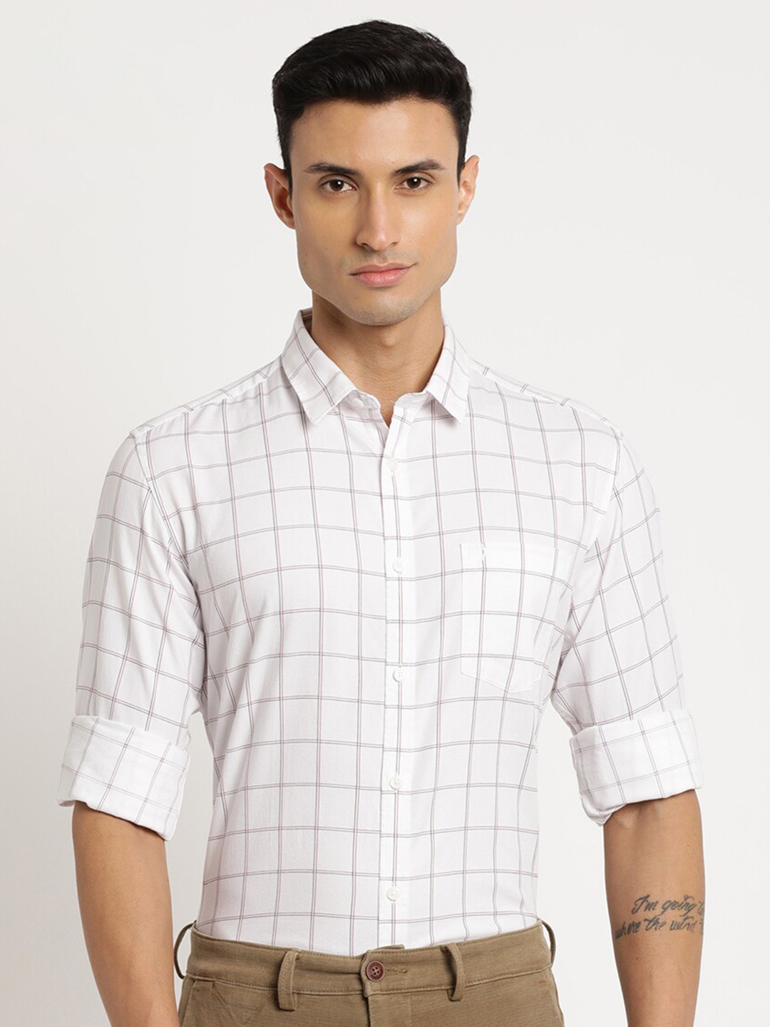 

Indian Terrain Men Chiseled Slim Fit Grid Tattersall Checked Pure Cotton Casual Shirt, White