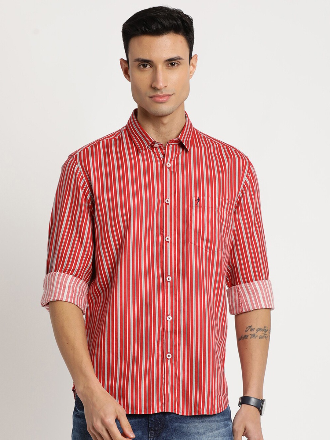 

Indian Terrain Men Chiseled Slim Fit Striped Casual Cotton Shirt, Red