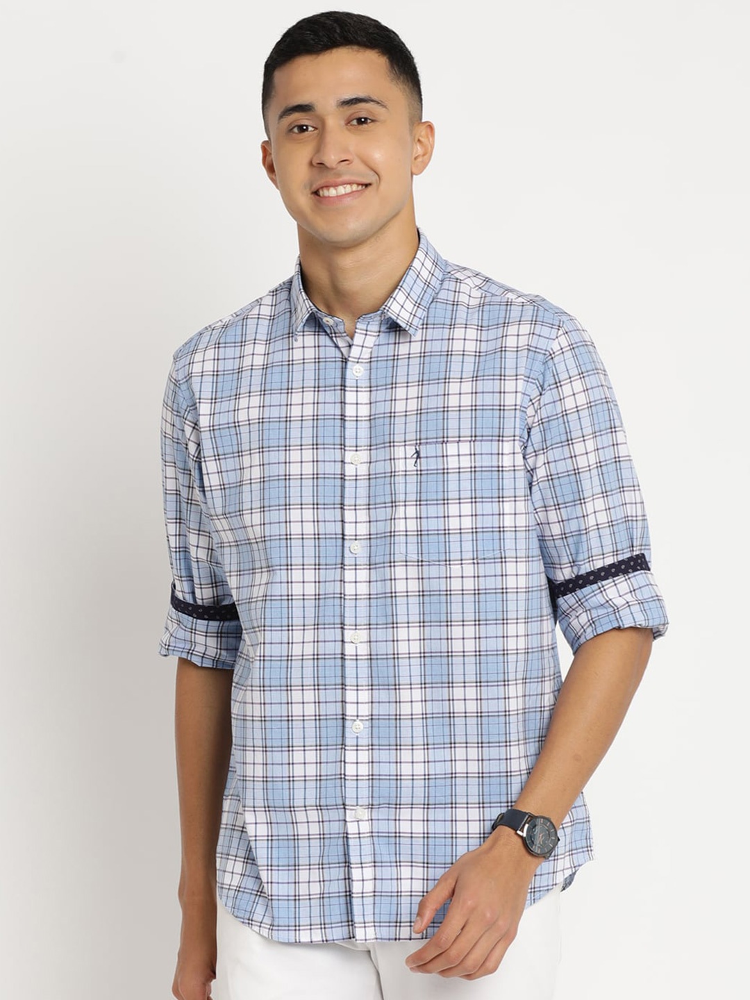 

Indian Terrain Men Chiseled Slim Fit Tartan Checked Pure Cotton Casual Shirt, Blue