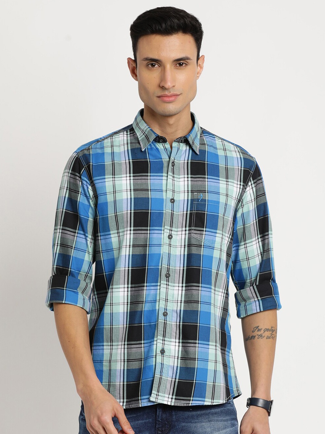 

Indian Terrain Men Chiseled Slim Fit Tartan Checked Pure Cotton Casual Shirt, Blue