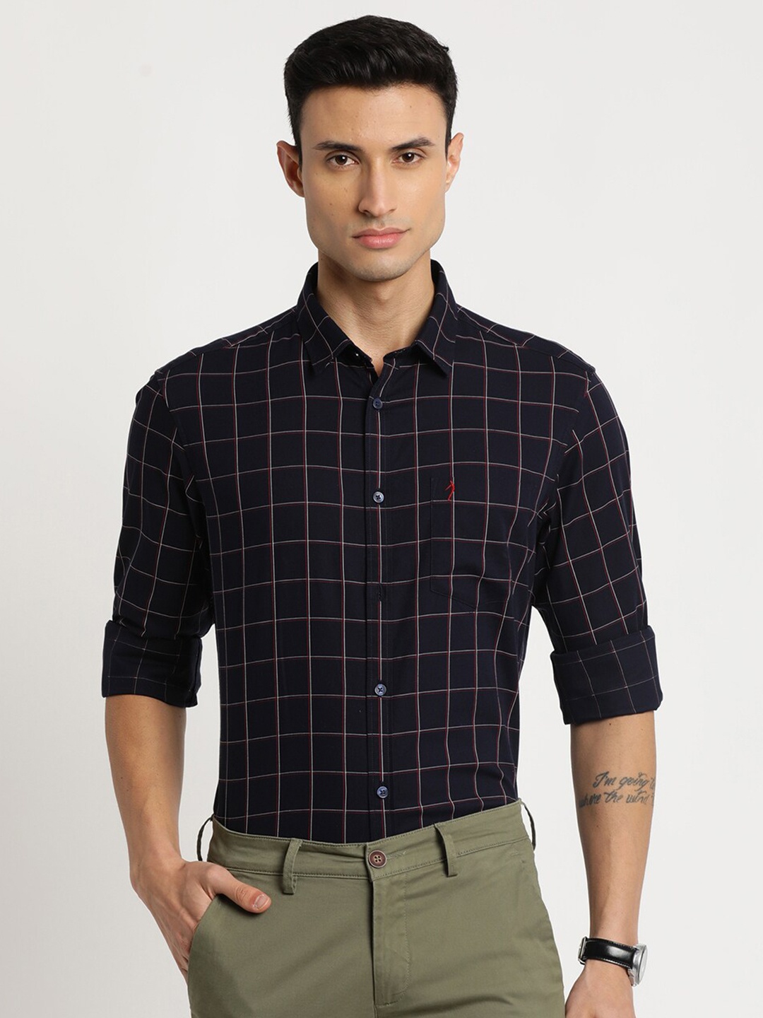 

Indian Terrain Men Windowpane Checks Chiseled Slim Fit Casual Shirt, Navy blue