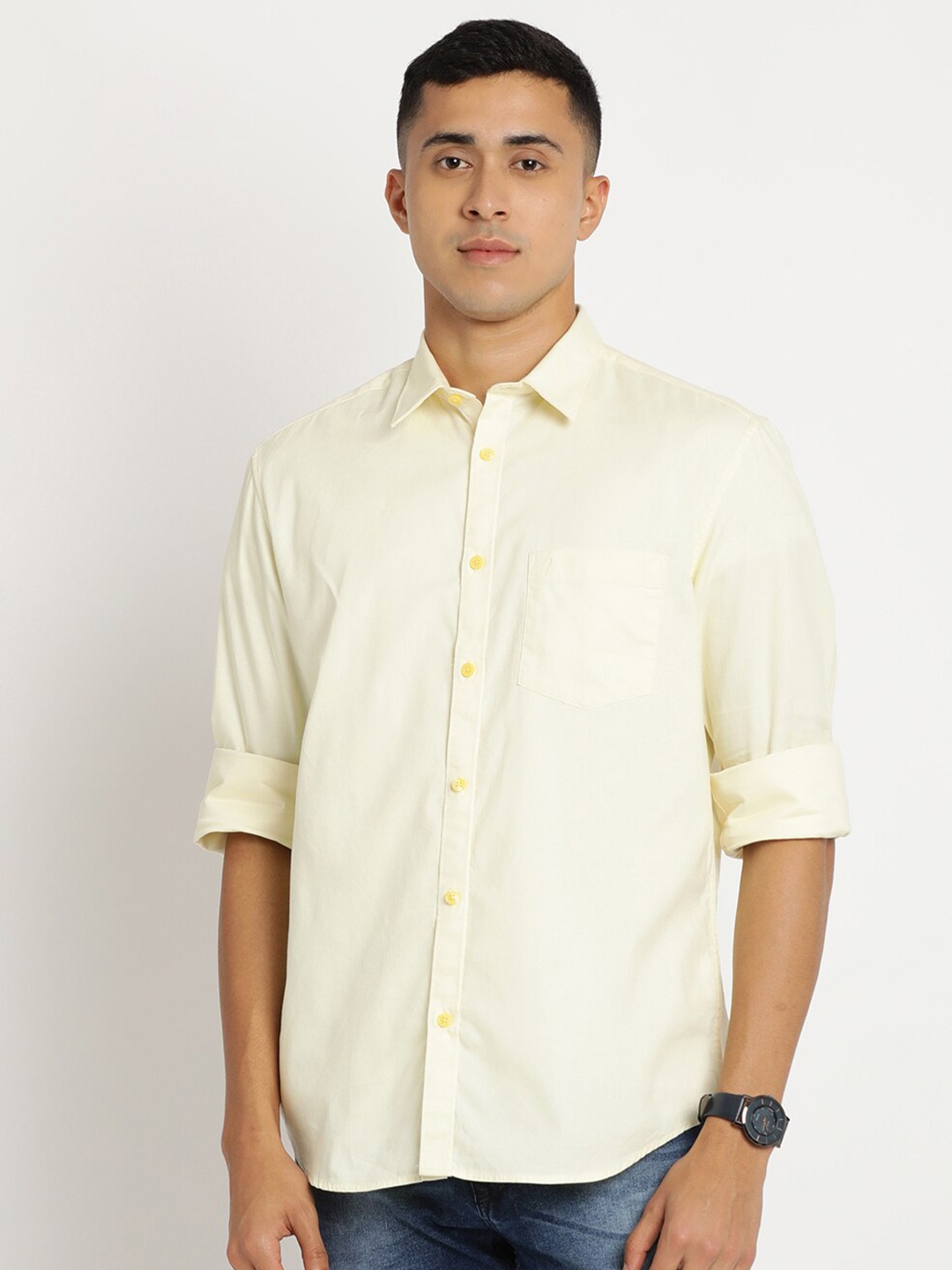 

Indian Terrain Men Pure Cotton Chiseled Slim Fit Casual Shirt, Yellow