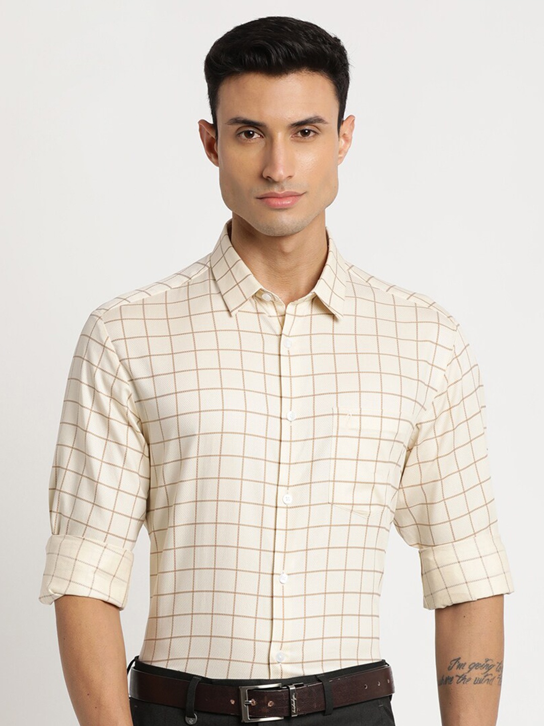 

Indian Terrain Men Chiseled Slim Fit Grid Tattersall Checked Casual Cotton Shirt, Beige