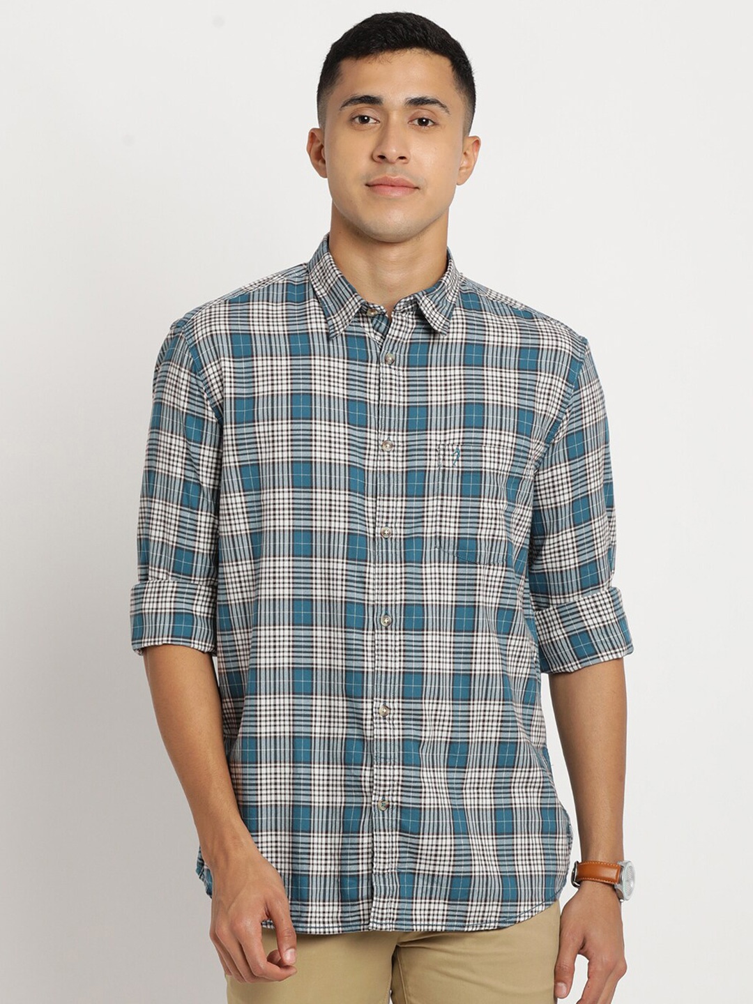 

Indian Terrain Men Chiseled Slim Fit Tartan Checks Checked Casual Shirt, Blue