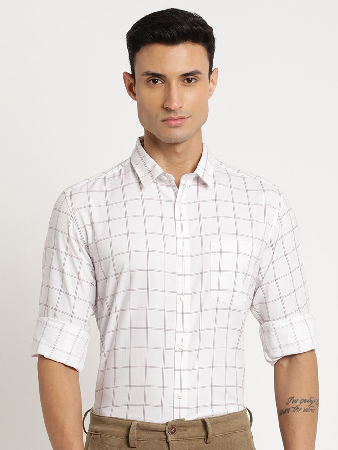 

Indian Terrain Men Chiseled Slim Fit Grid Tattersall Checked Pure Cotton Casual Shirt, White