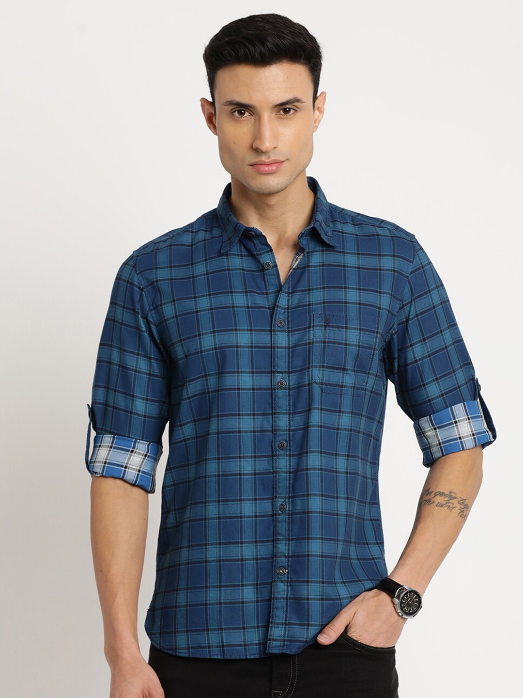 

Indian Terrain Men Plus Size Chiseled Slim Fit Tartan Checked Cotton Casual Shirt, Blue