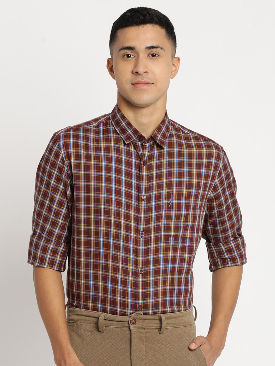 

Indian Terrain Men Cotton Chiseled Slim Fit Tartan Checks Checked Formal Shirt, Brown