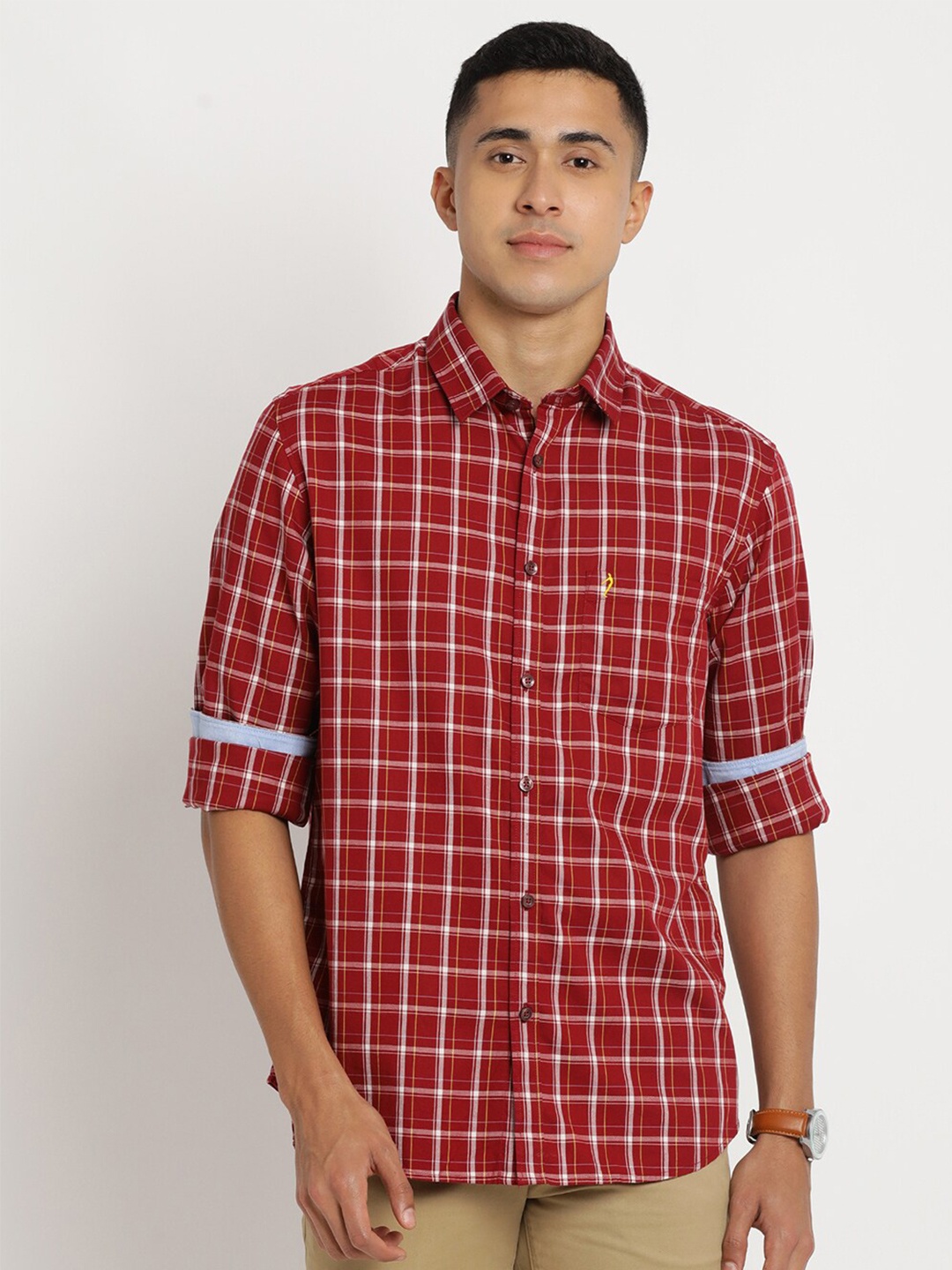 

Indian Terrain Men Cotton Chiseled Slim Fit Tartan Checks Checked Casual Shirt, Red
