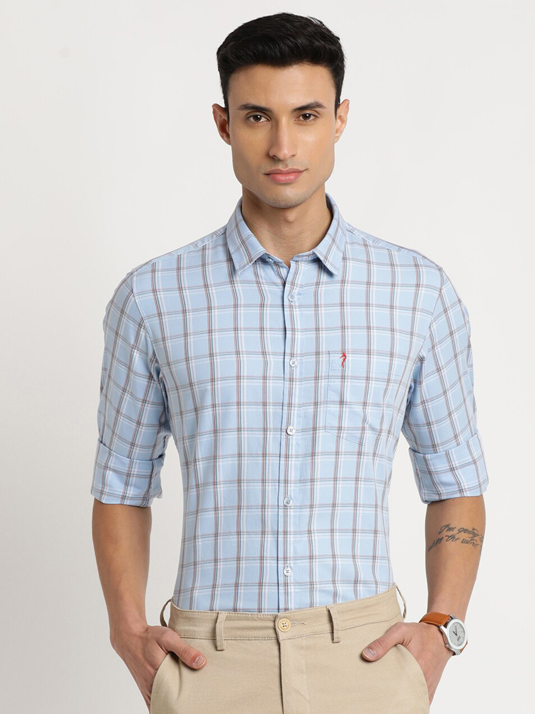 

Indian Terrain Men Cotton Chiseled Slim Fit Tartan Checks Checked Formal Shirt, Blue