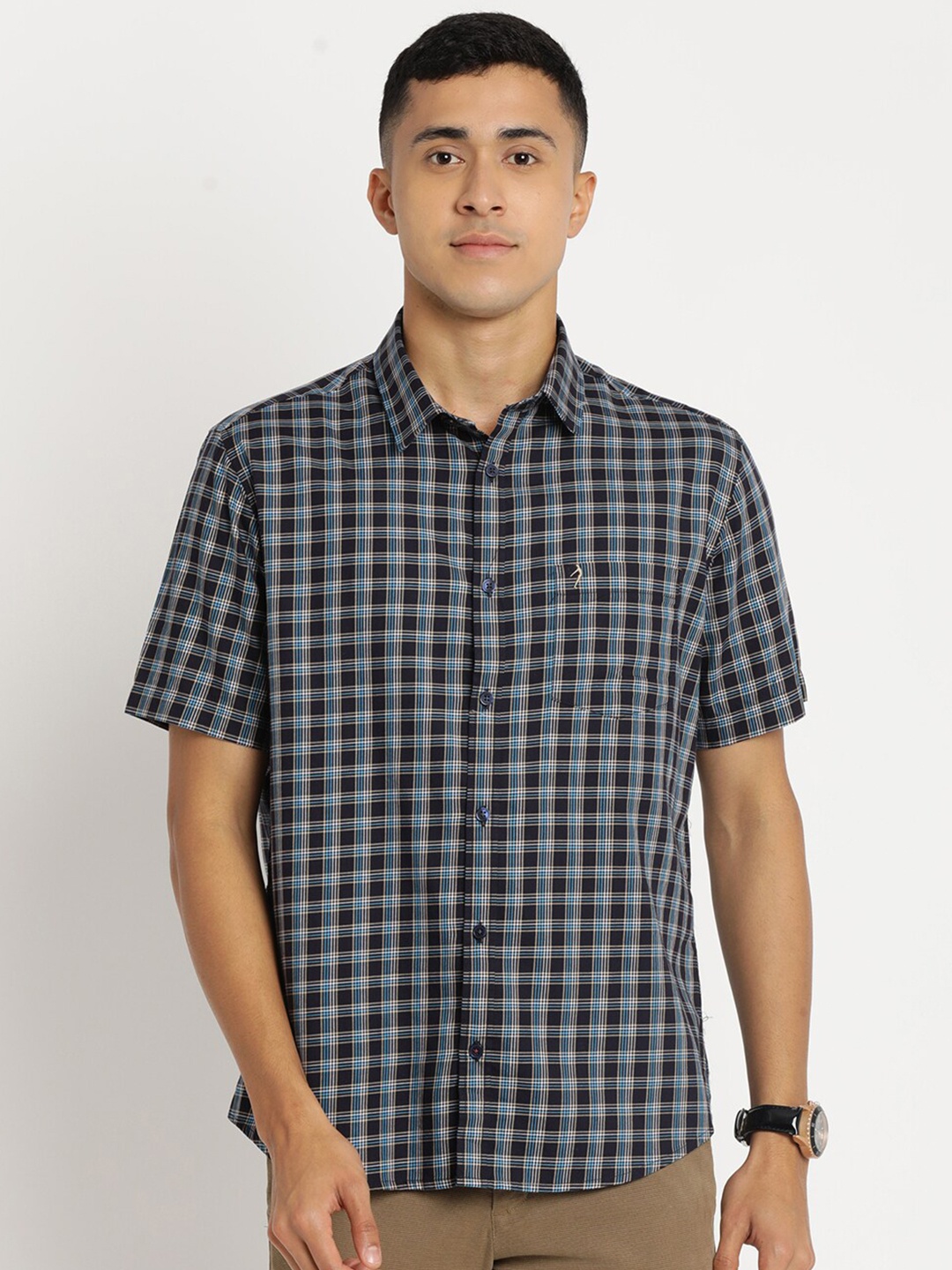 

Indian Terrain Men Chiseled Slim Fit Grid Tattersall Checks Pure Cotton Casual Shirt, Blue