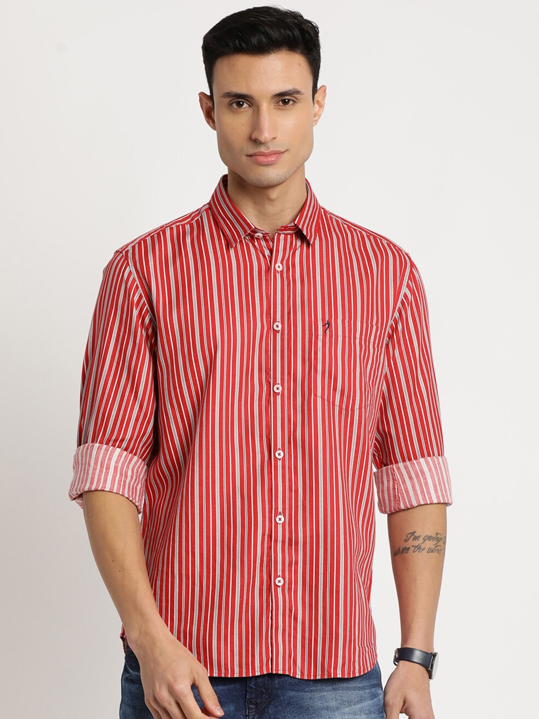 

Indian Terrain Men Chiseled Slim Fit Striped Cotton Casual Shirt, Red