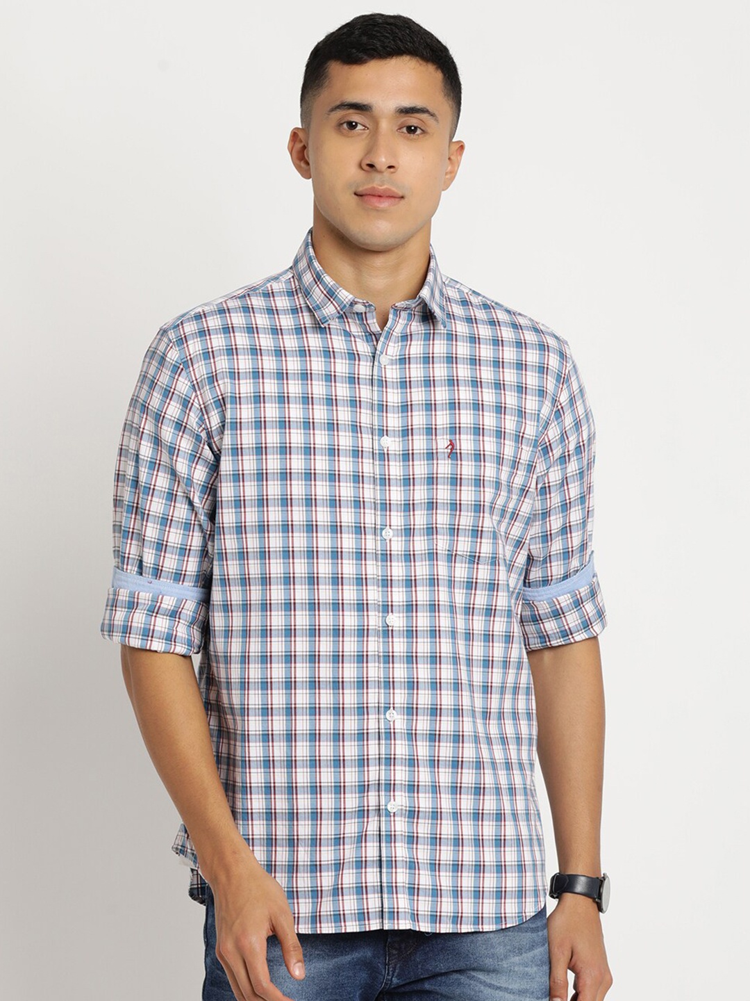 

Indian Terrain Men Chiseled Slim Fit Grid Tattersall Checks Checked Cotton Casual Shirt, Blue