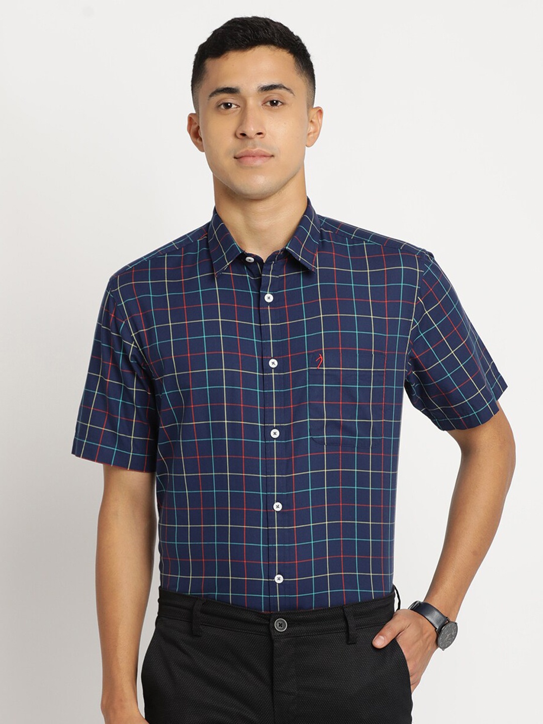

Indian Terrain Men Chiseled Slim Fit Tartan Checks Checked Cotton Casual Shirt, Blue