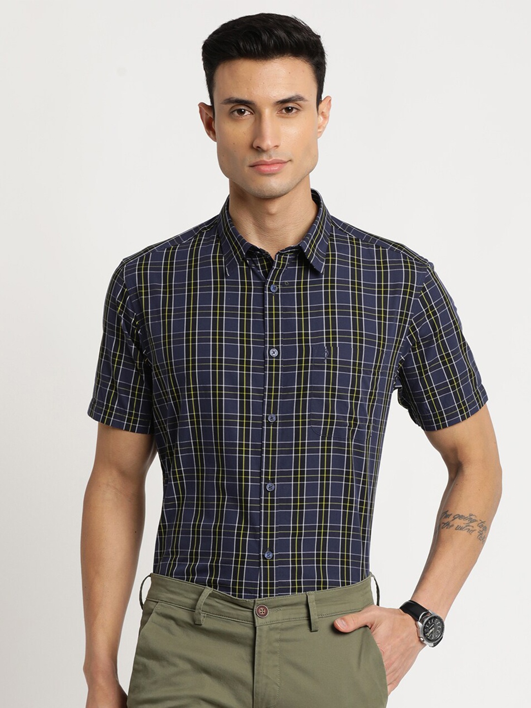 

Indian Terrain Men Chiseled Slim Fit Tartan Checks Checked Cotton Casual Shirt, Blue