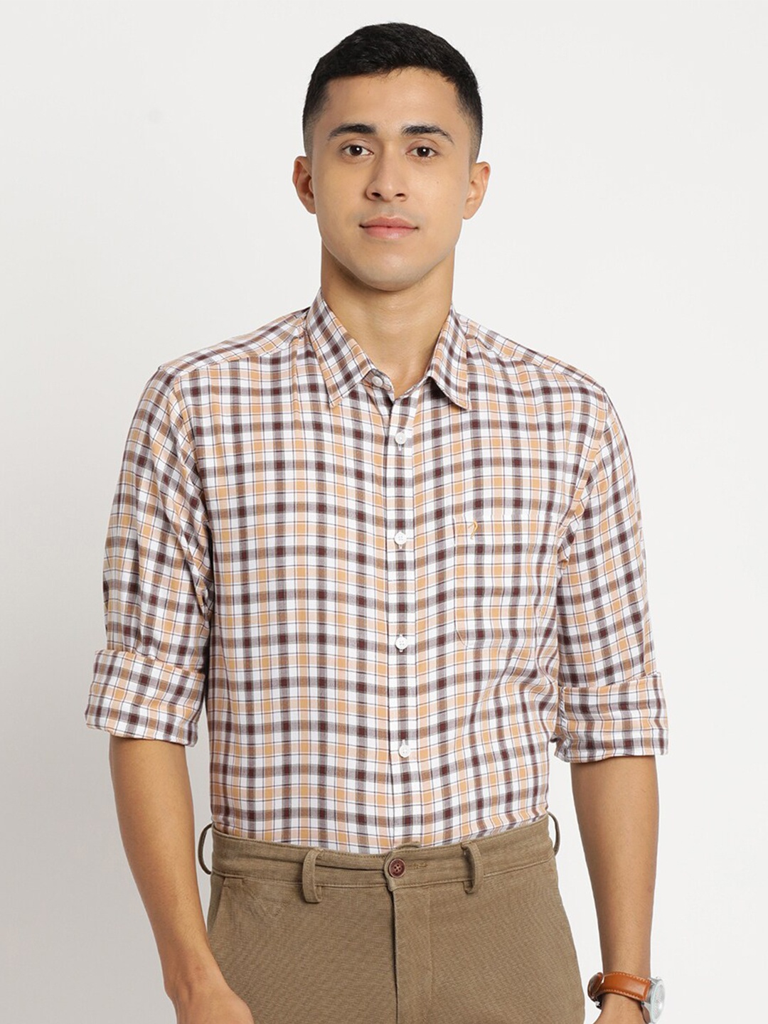 

Indian Terrain Men Chiseled Slim Fit Tartan Checks Checked Cotton Casual Shirt, Brown