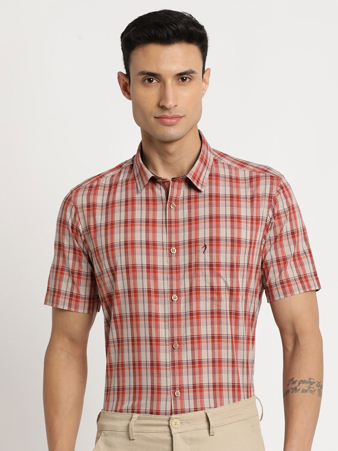 

Indian Terrain Men Plus Size Pure Cotton Slim Fit Tartan Checks Checked Casual Shirt, Red