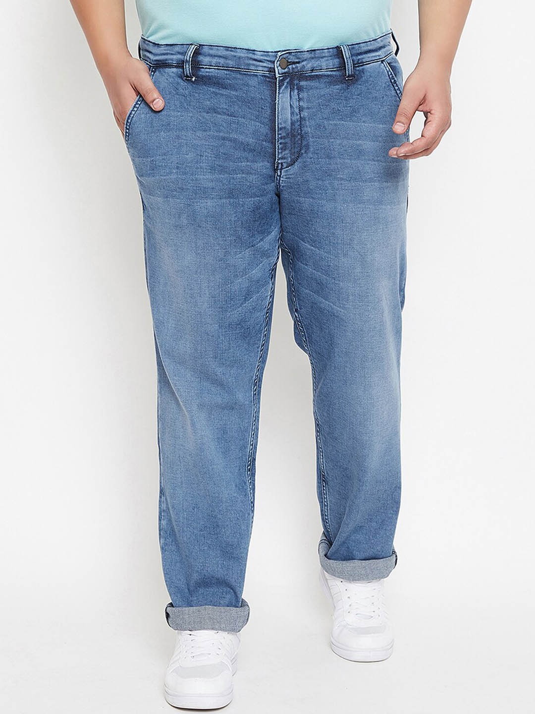 Instafab Plus Men Plus Size Relaxed Fit Low Distress Heavy Fade Cotton Jeans, Blue