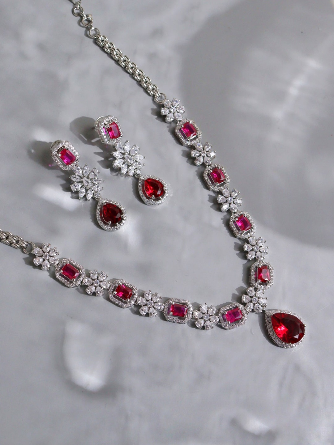 

CURIO COTTAGE Silver Plated CZ Studded Jewellery Set, Pink