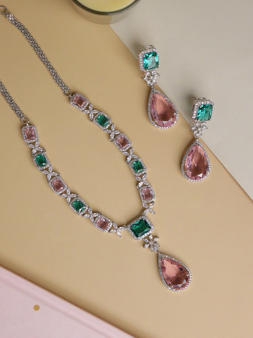 

CURIO COTTAGE Silver Plated CZ Studded Jewellery Set, Pink