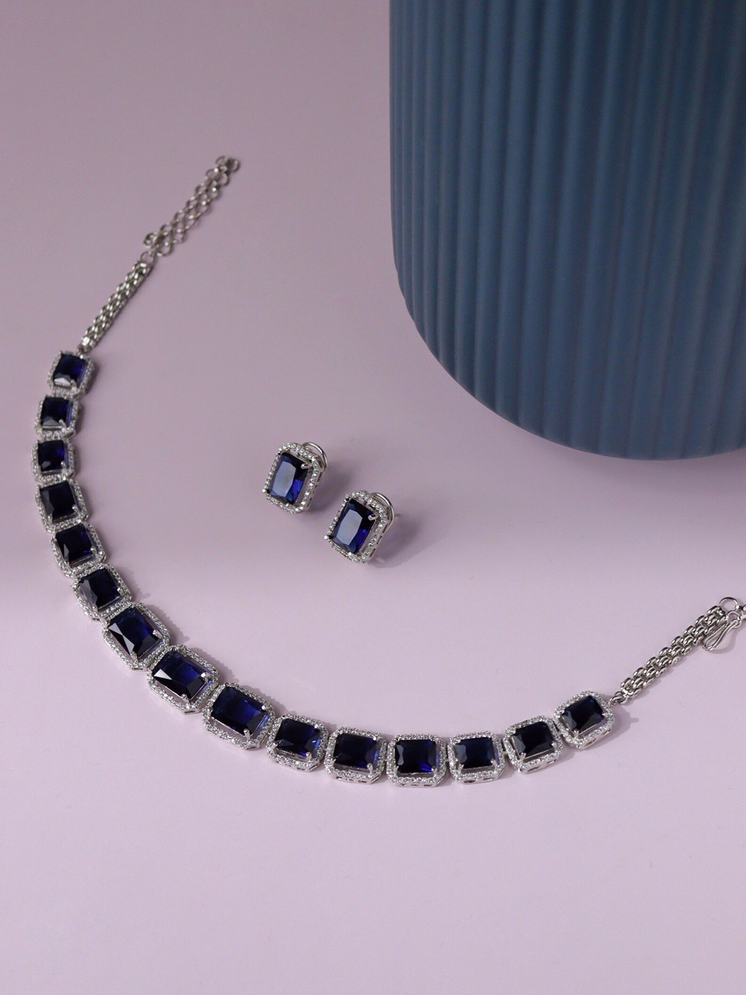

CURIO COTTAGE Silver Plated CZ Studded Jewellery Set