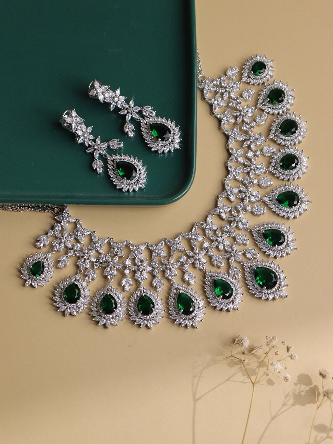 

CURIO COTTAGE Silver Plated CZ Studded Jewellery Set, Green