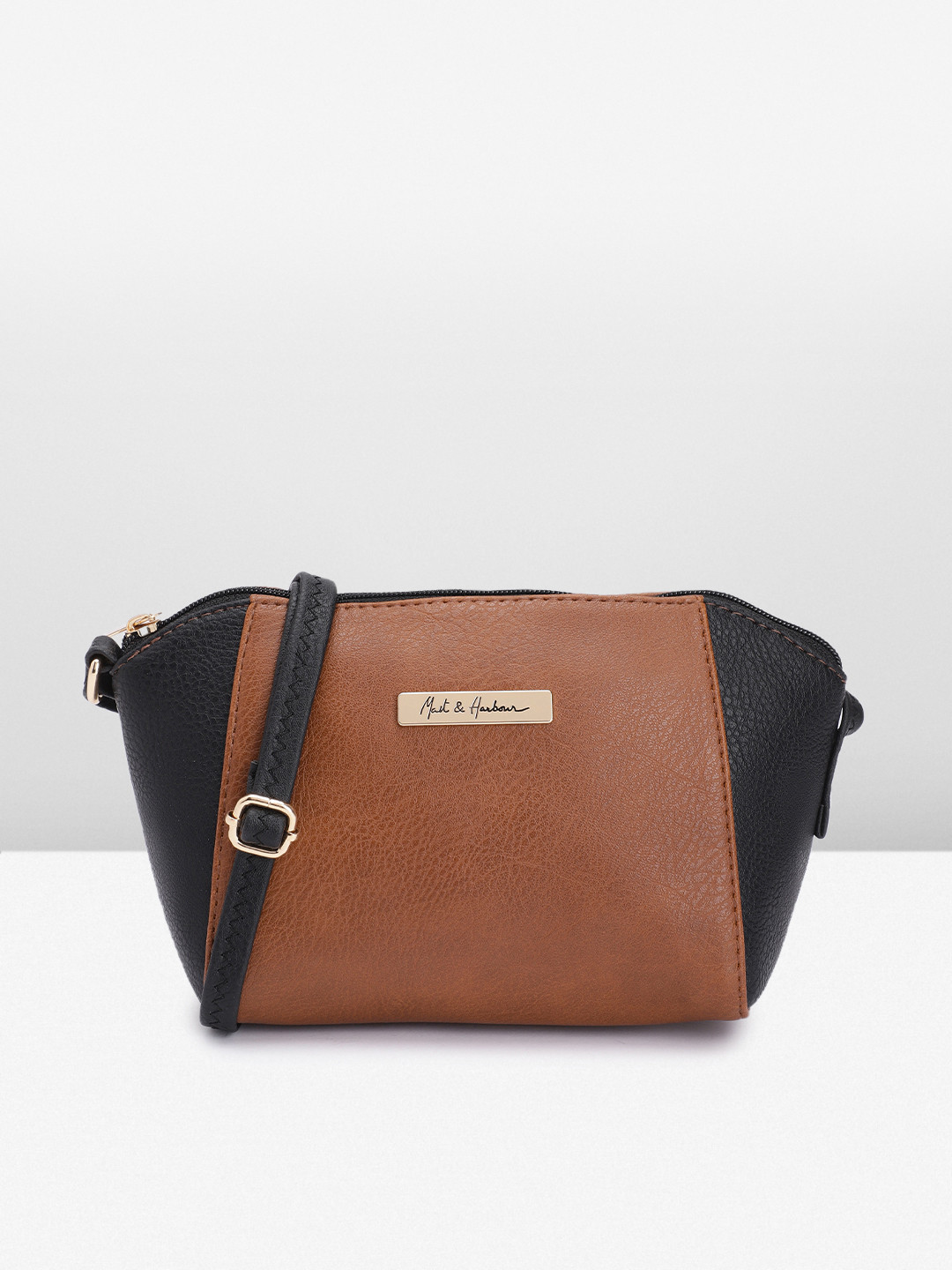 

Mast & Harbour Colourblocked & Textured PU Structured Sling Bag, Brown