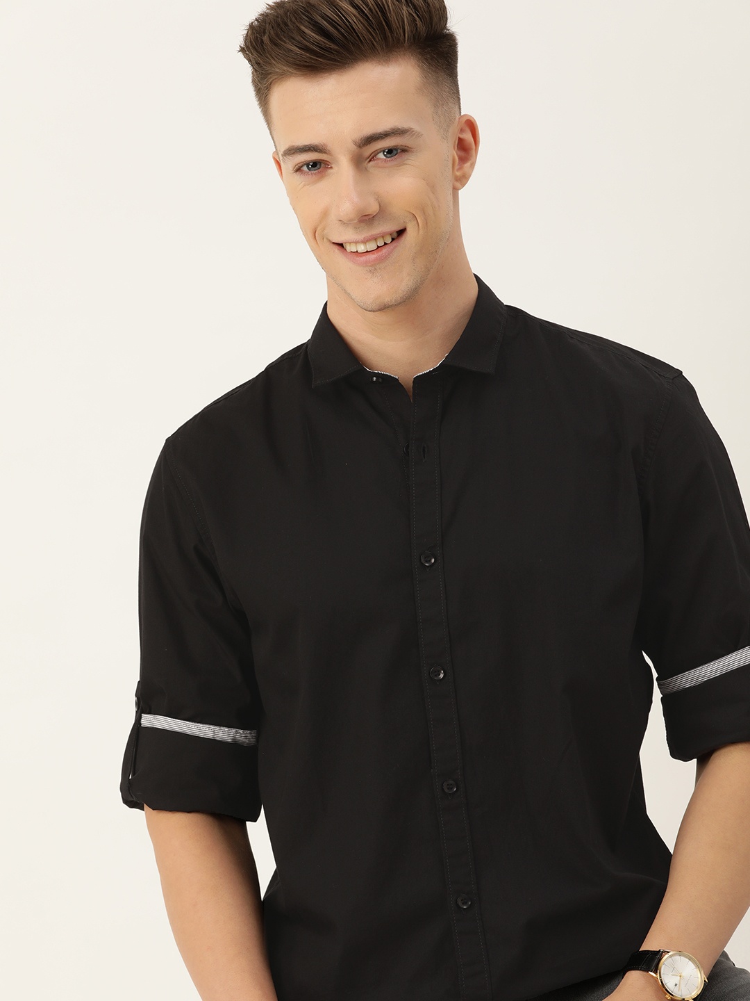 

Mast & Harbour Solid Roll-Up Sleeves Pure Cotton Casual Shirt, Black